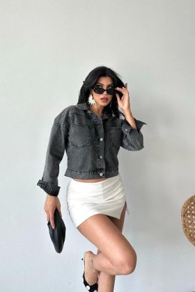 Çift cepli kol katlamalı süper taş enzim yıkama crop kot ceket füme