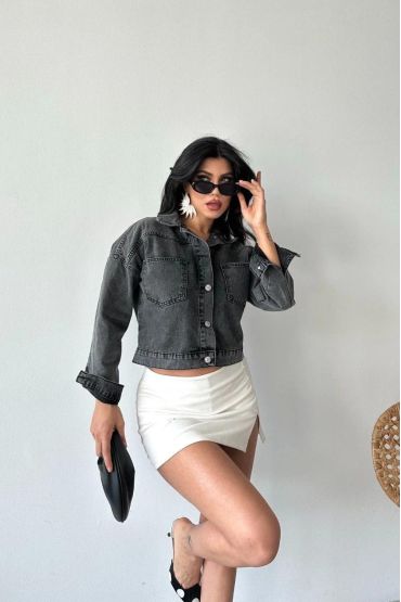 Çift cepli kol katlamalı süper taş enzim yıkama crop kot ceket füme