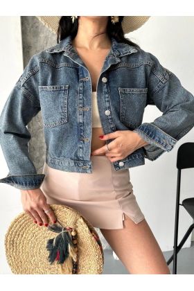 Çift cepli kol katlamalı kar yıkama crop kot ceket kahve tint