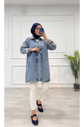 Taşlı tunik ceket kar yıkamalı mavi