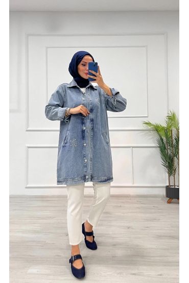 Taşlı tunik ceket kar yıkamalı mavi