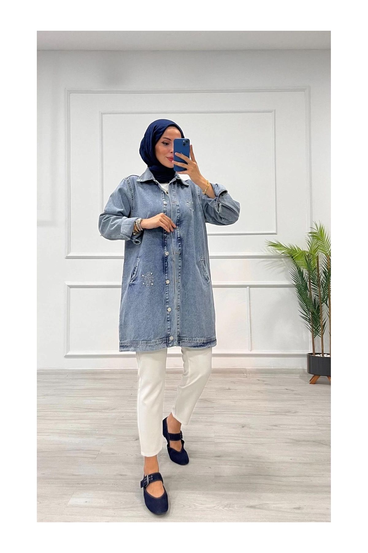 Taşlı tunik ceket kar yıkamalı mavi