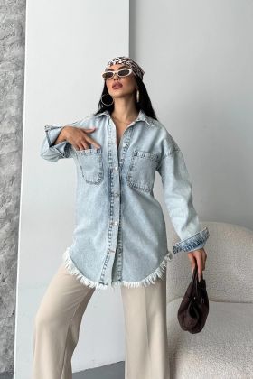 Cepli püsküllü kar yıkama kot ceket mavi