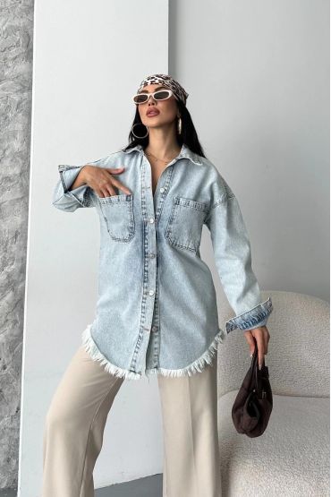 Cepli püsküllü kar yıkama kot ceket mavi