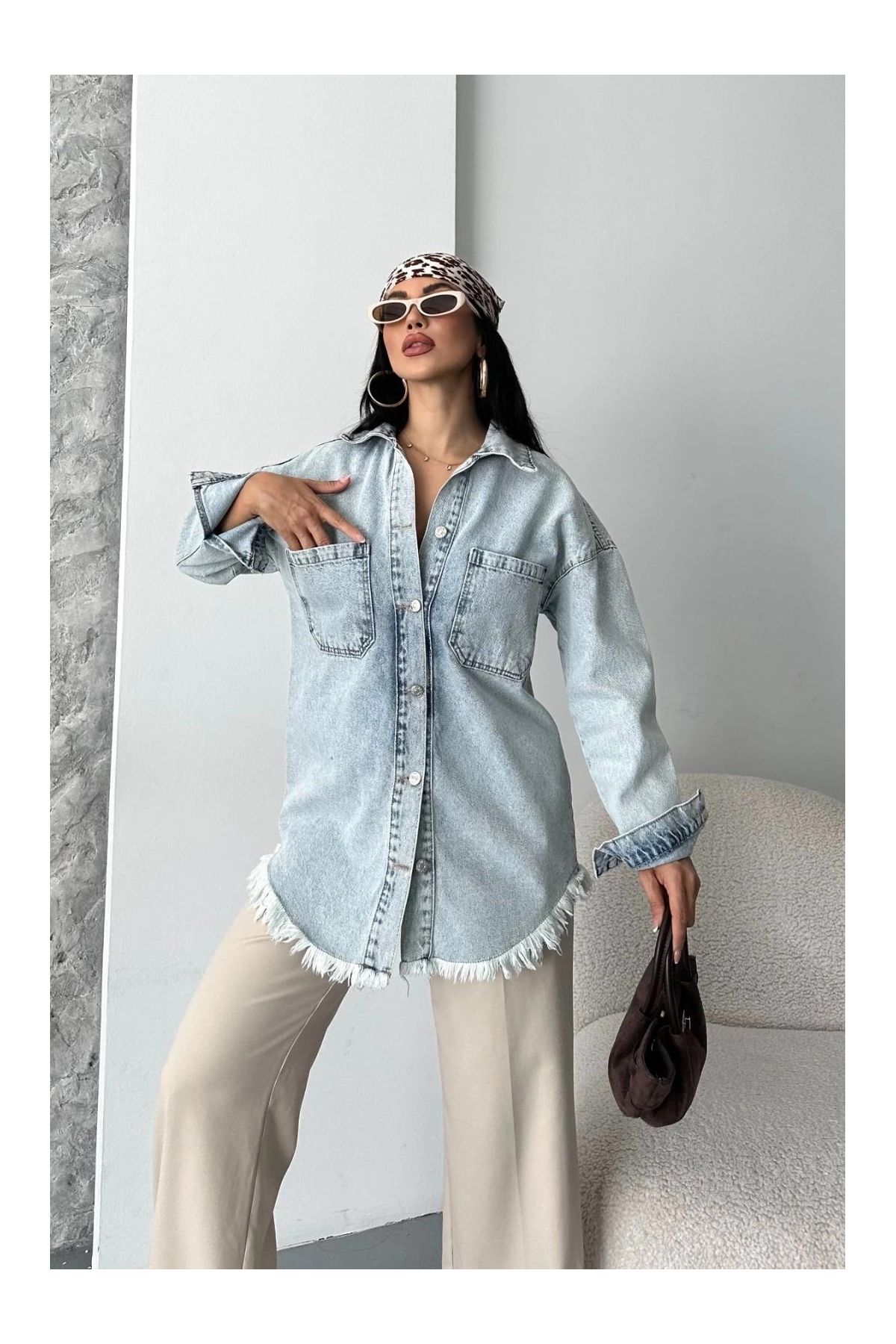 Cepli püsküllü kar yıkama kot ceket mavi