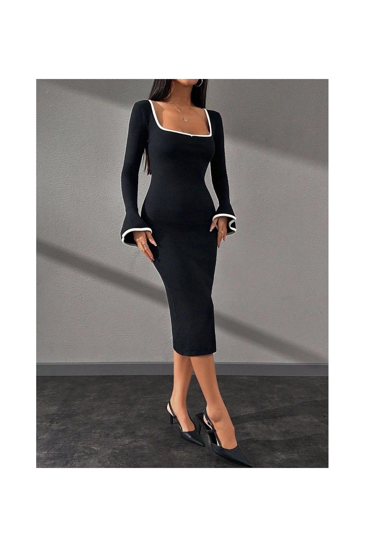 Biyeli midi boy elbise siyah