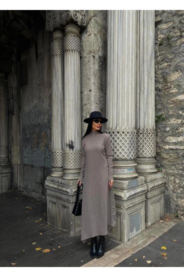 Boğazlı kalın bürümcük uzun elbise vizon