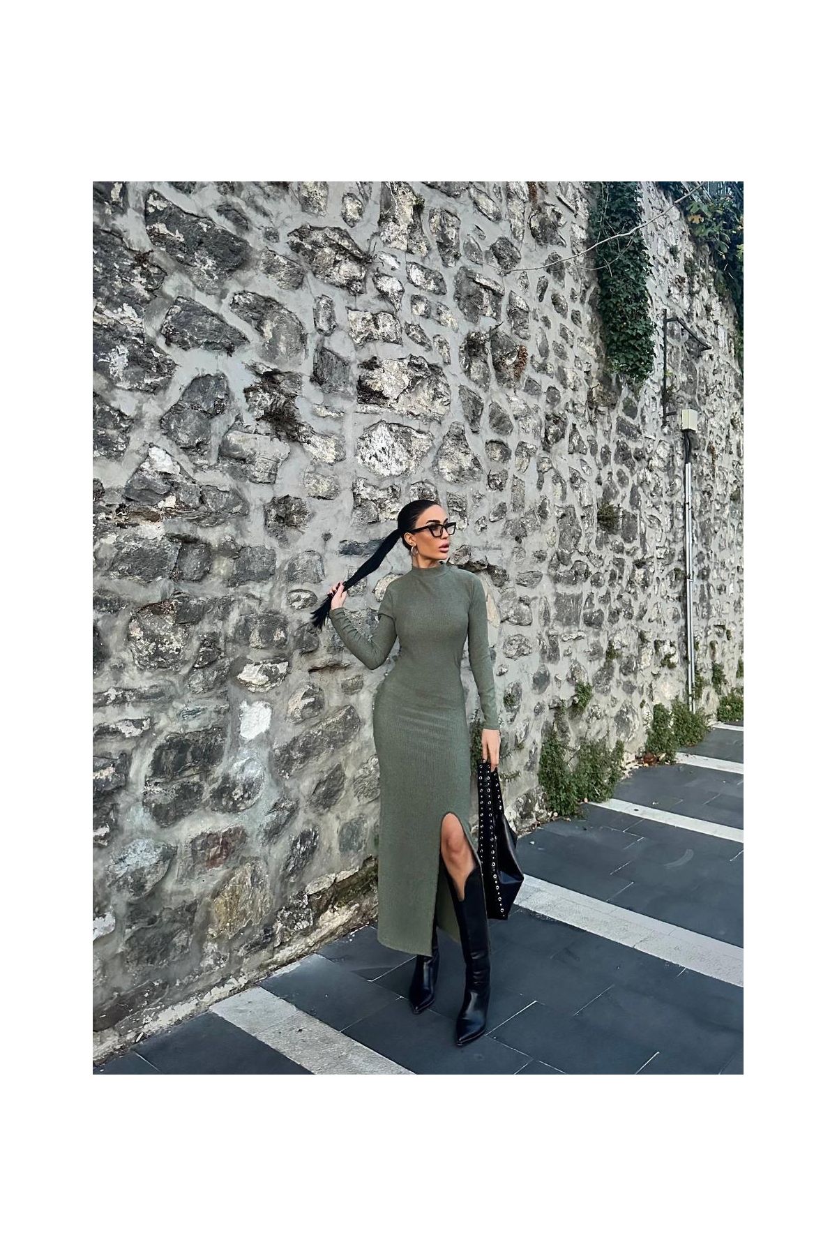 Yırtmaçlı kalın bürümcük uzun elbise Yeşil