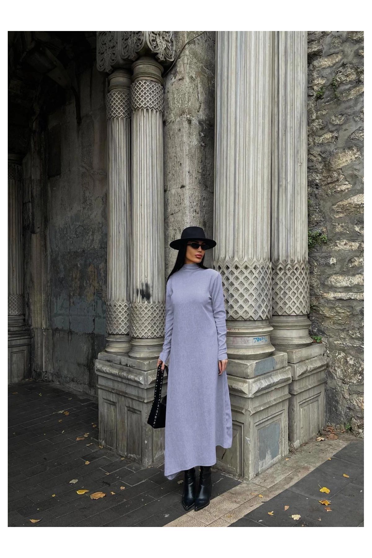 Boğazlı kalın bürümcük uzun elbise gri