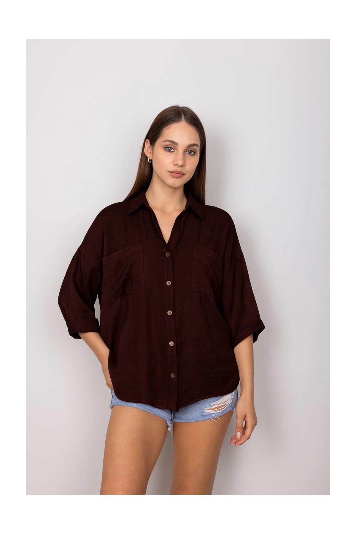 Cepli salaş gömlek koyu kahve