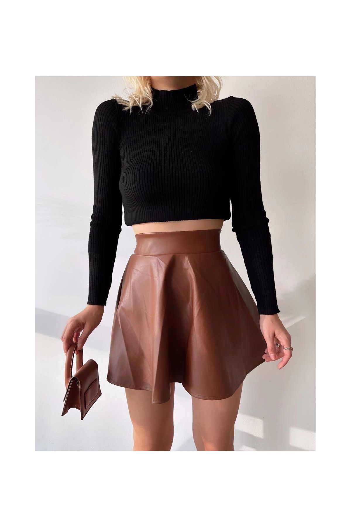 Beli lastikli deri etek kahve