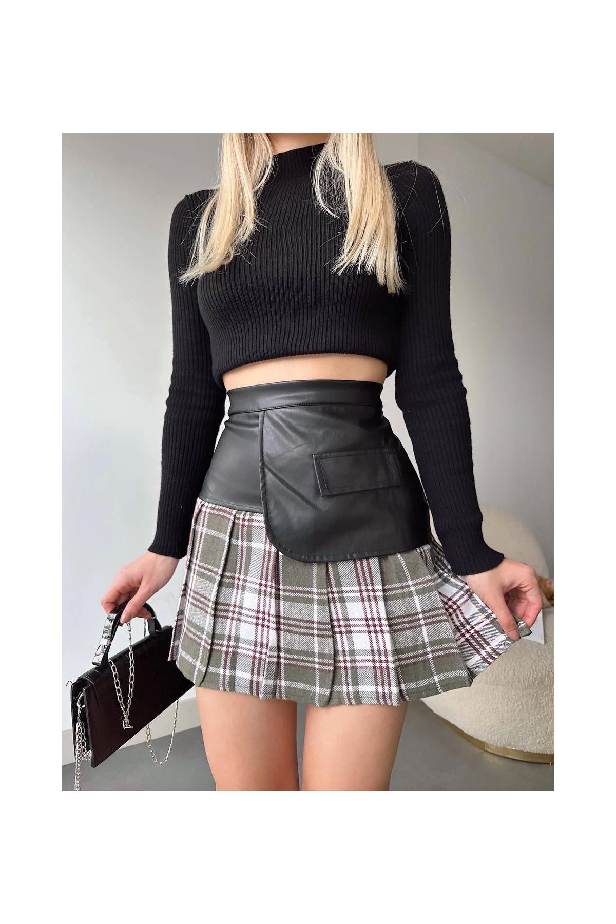 Deri garnili cepli ekose etek siyah
