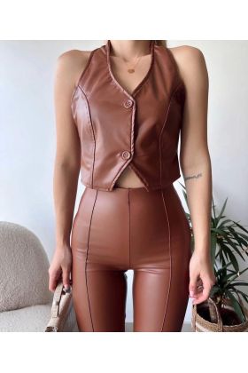 İki düğmeli deri yelek kahve