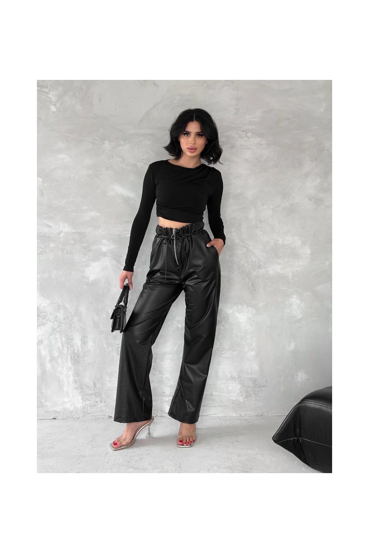 Kendinden ince kemerli deri pantolon siyah