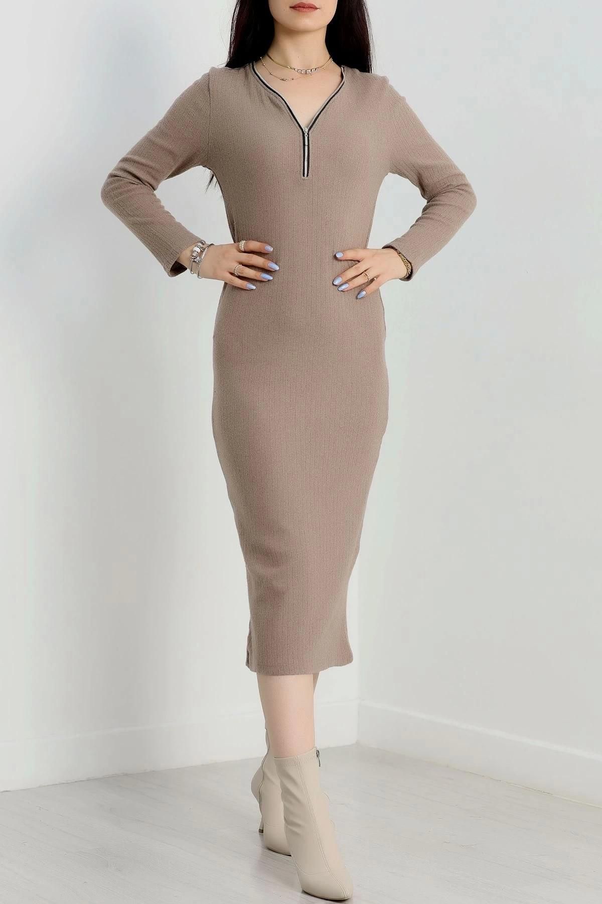 Fermuar detaylı fitilli şardonlu elbise bej