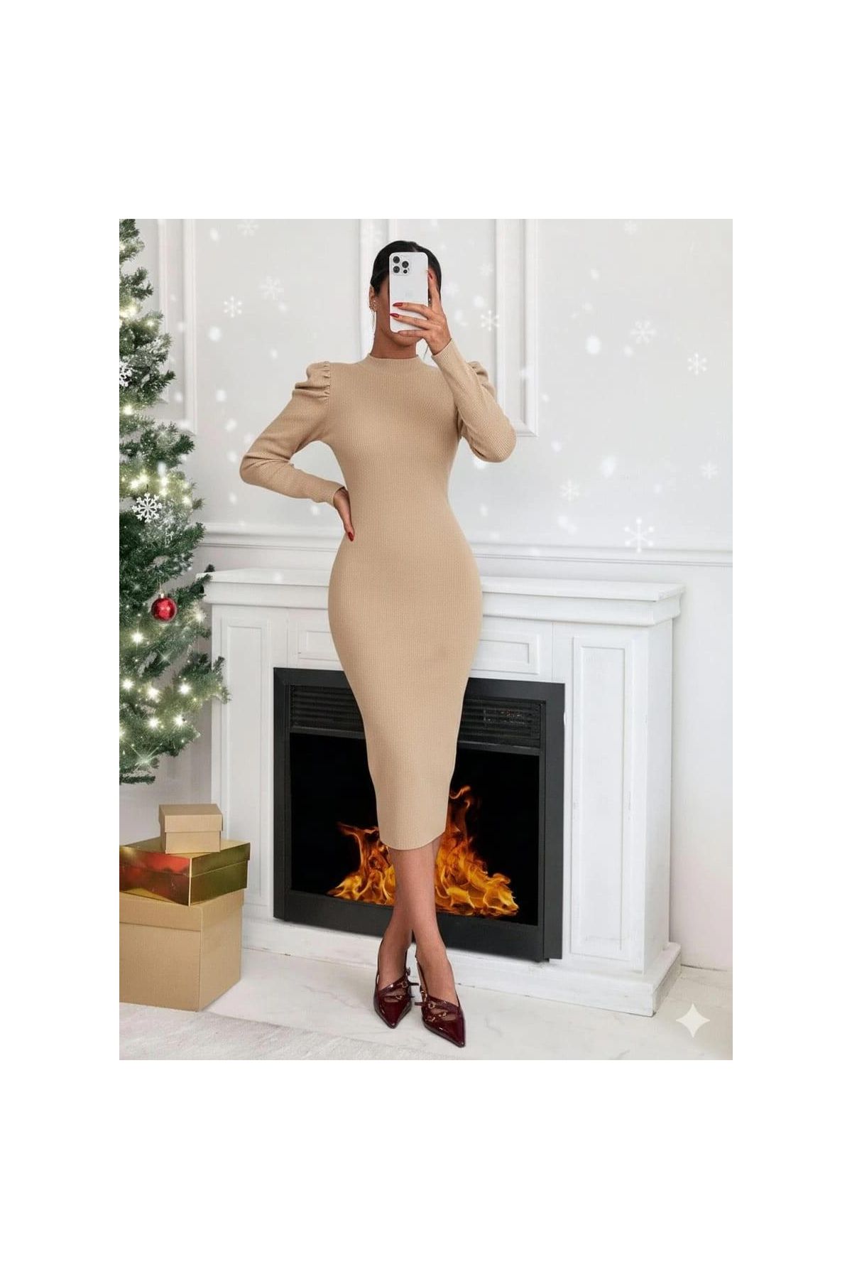Prenses kol kaşkorse elbise bej