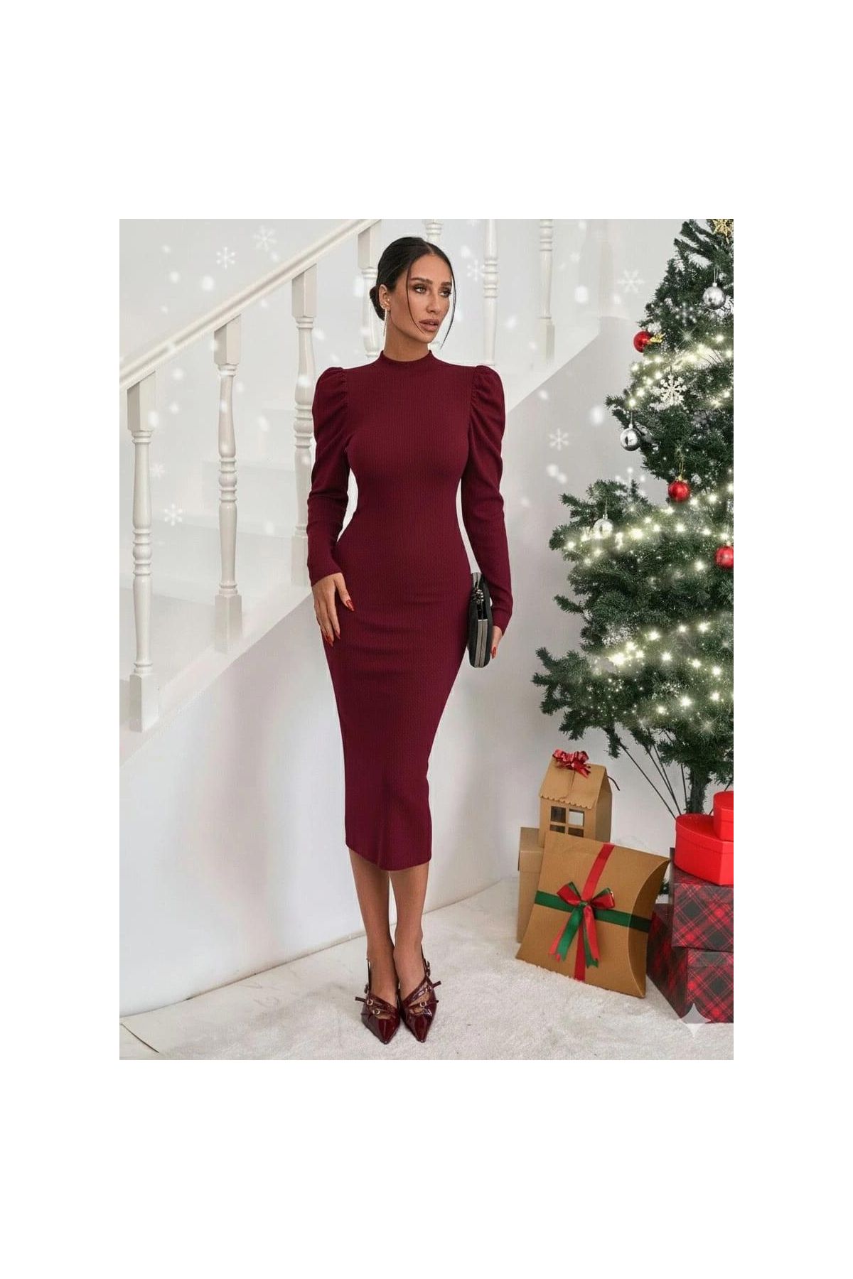 Prenses kol kaşkorse elbise bordo