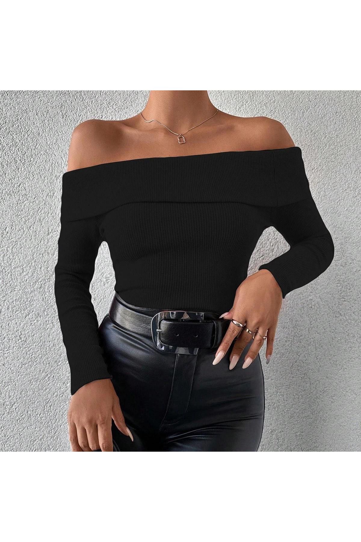 Uzun kol madonna yaka bluz siyah