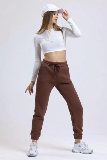 3 iplik şardonlu paça lastikli eşofman kahve