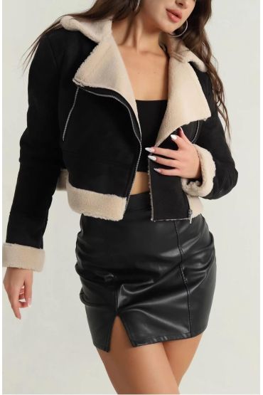 İçi kürklü dışı süet kısa kaban siyah