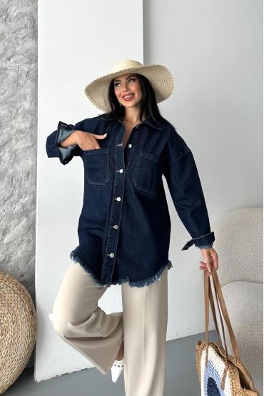 Cepli püsküllü kar yıkama kot ceket koyu mavi