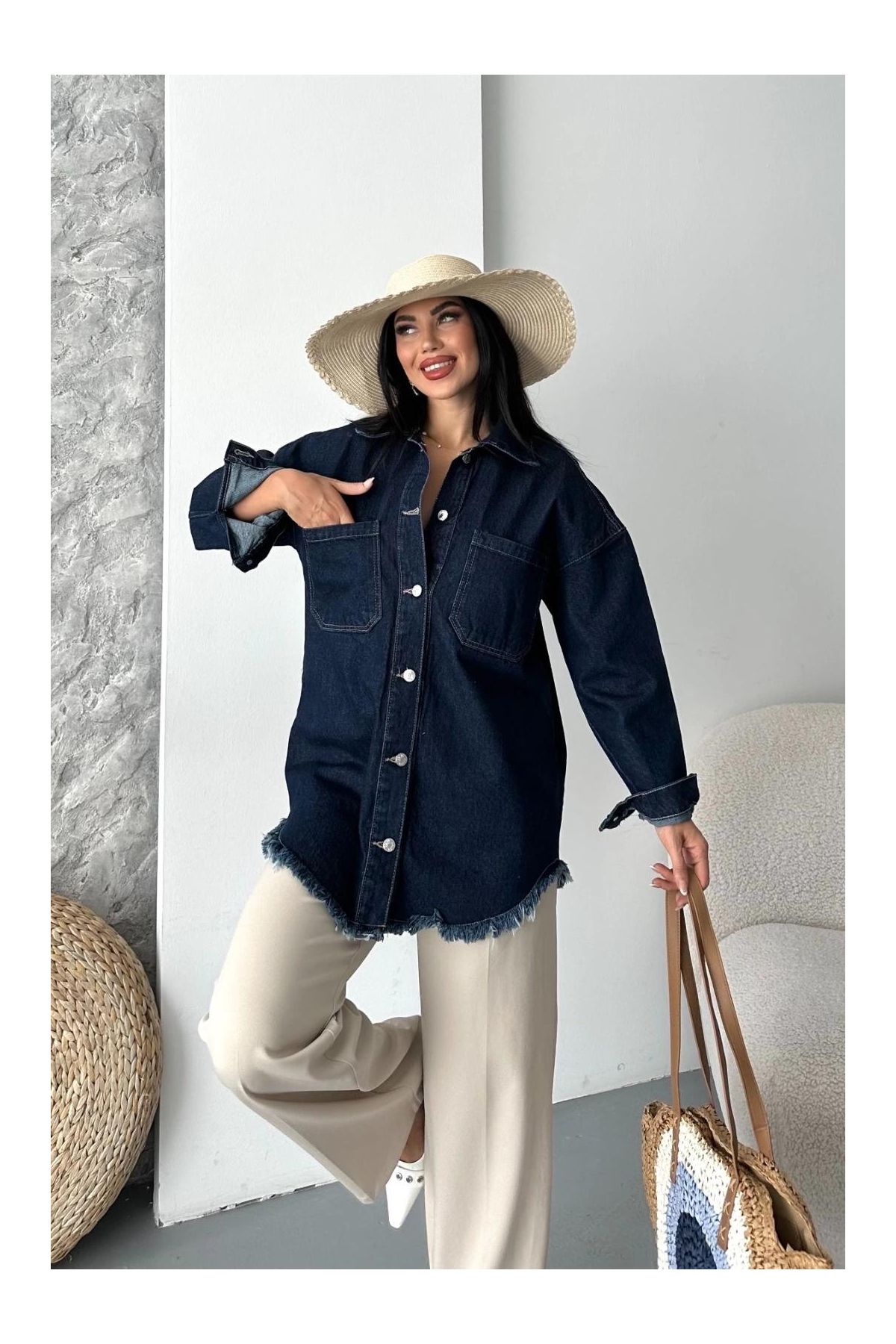 Cepli püsküllü kar yıkama kot ceket koyu mavi