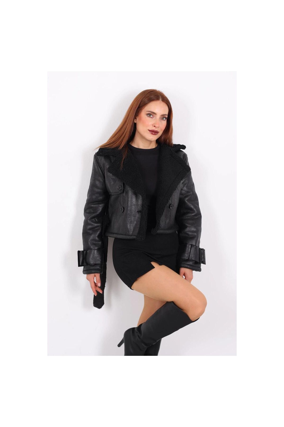Kürklü Suni Deri Kemerli siyah Kadın Kısa Mont