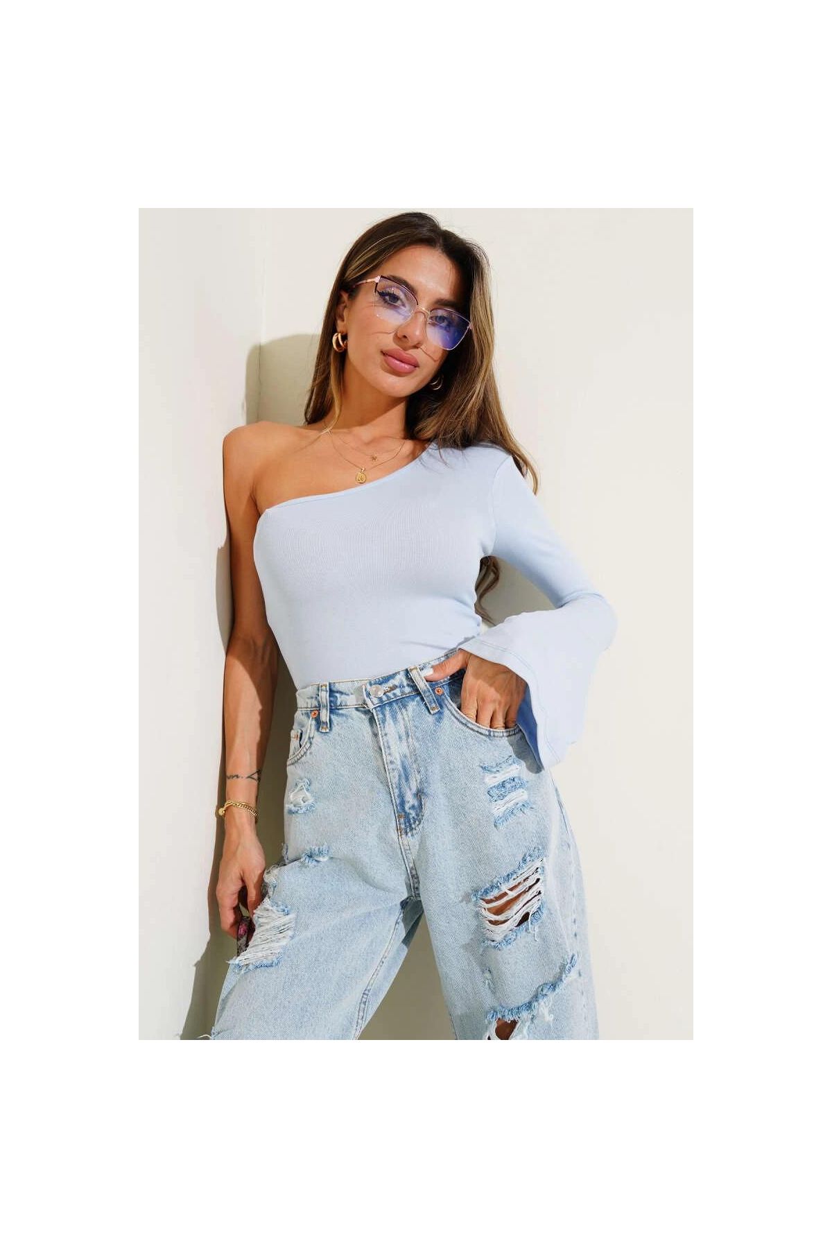 Tek Omuzlu Basic Bluz Mavi