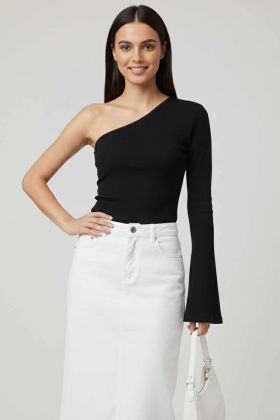 Tek Omuzlu Basic Bluz Siyah