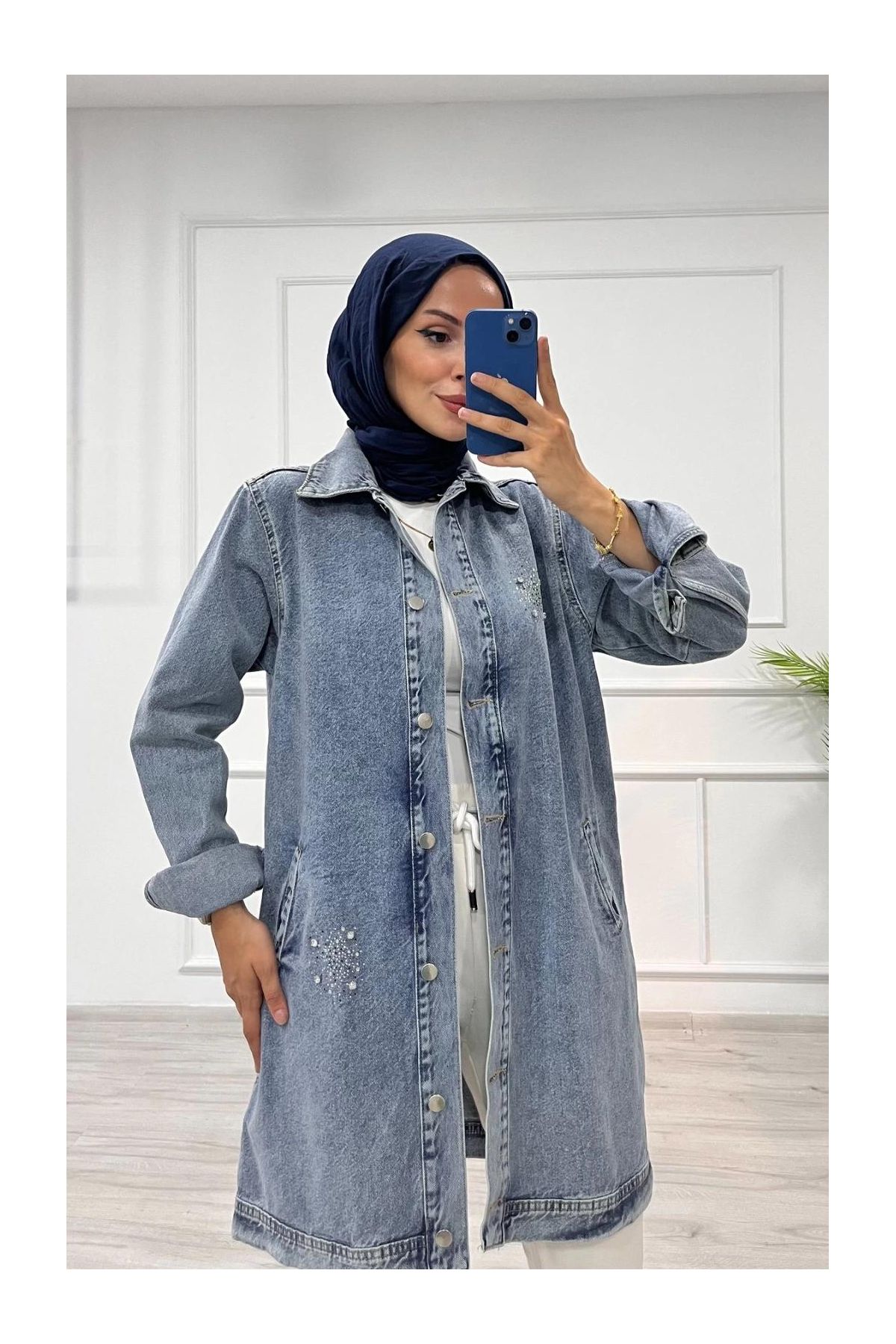 Taşlı tunik ceket kar yıkama orta mavi