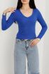 V yaka kaşkorse bluz saks mavisi