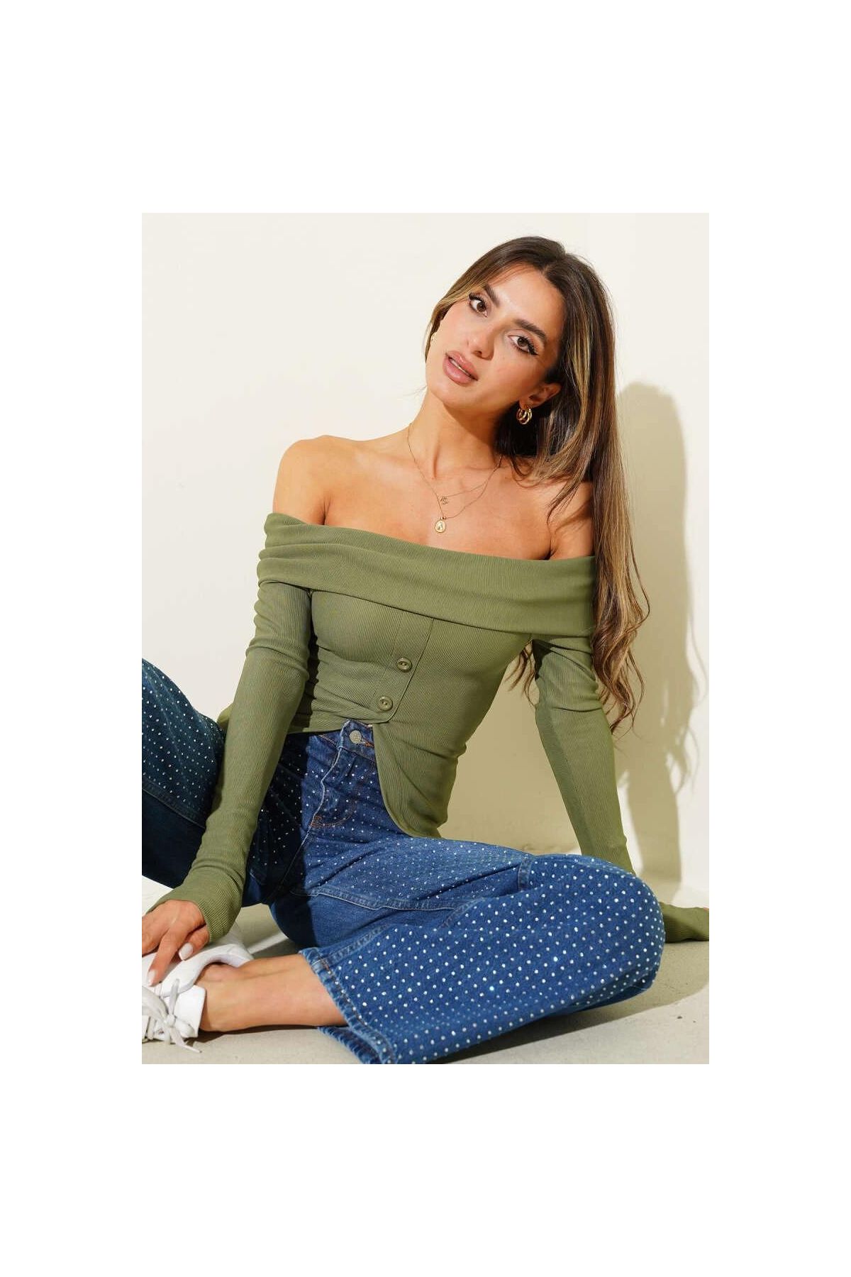 Madonna Yaka Düğmeli Bluz yeşil