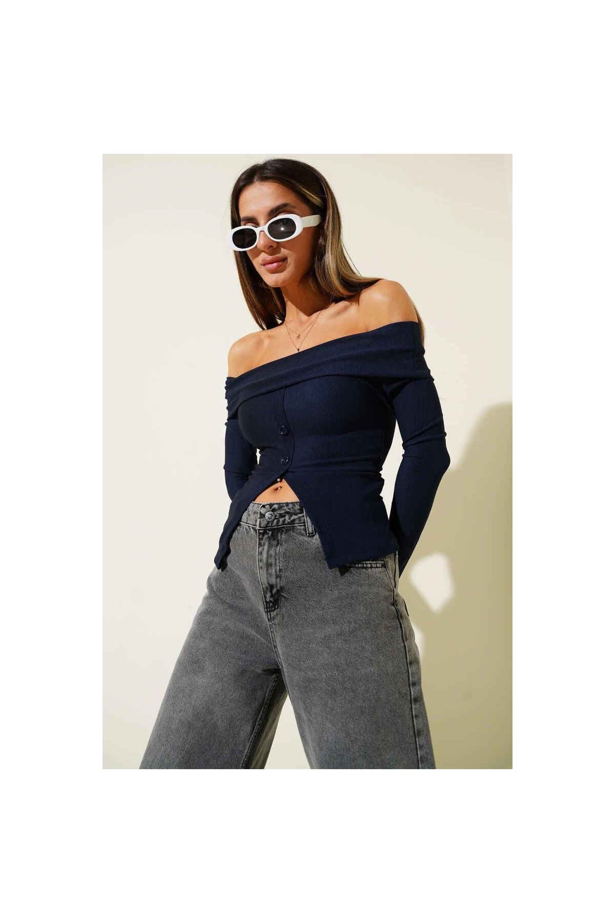 Madonna Yaka Düğmeli Bluz Lacivert