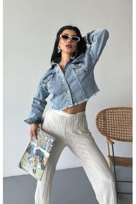 Çift kapaklı püsküllü crop buz mavi