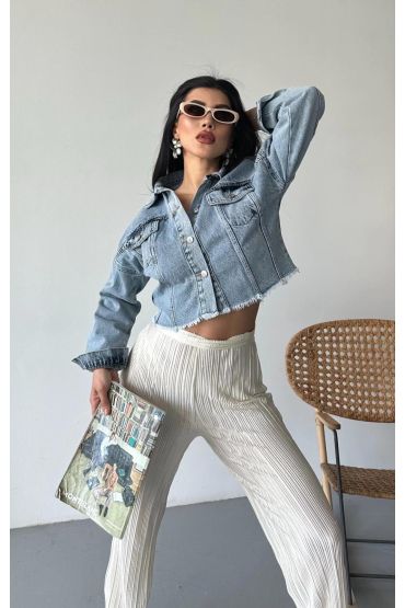 Çift kapaklı püsküllü crop buz mavi