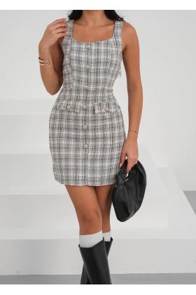 Askılı ch kumaş düğmeli elbise gribeyaz h265007