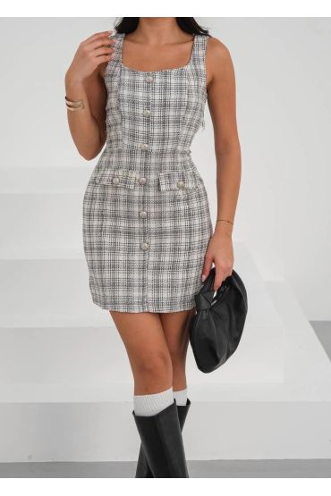 Askılı ch kumaş düğmeli elbise gribeyaz h265007