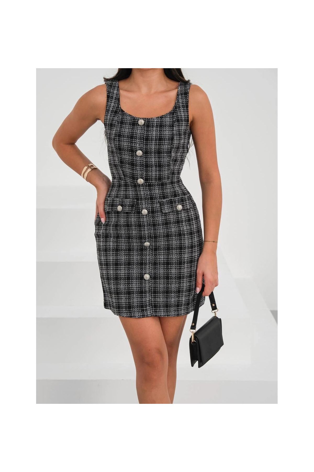 Askılı ch kumaş düğmeli elbise siyahbeyaz h265007