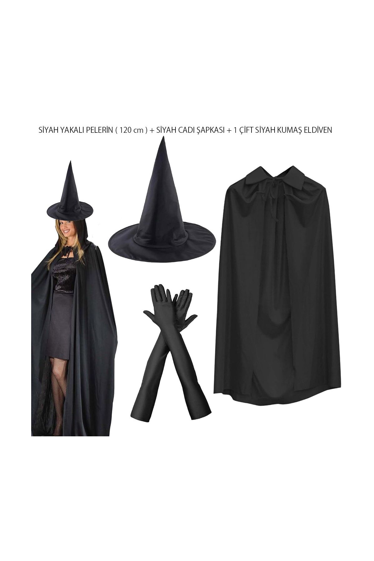 120 cm Siyah Yakalı Cadı Pelerini Cadı Şapkası ve 1 Çift Siyah Kumaş Eldiven Seti 3 Parça