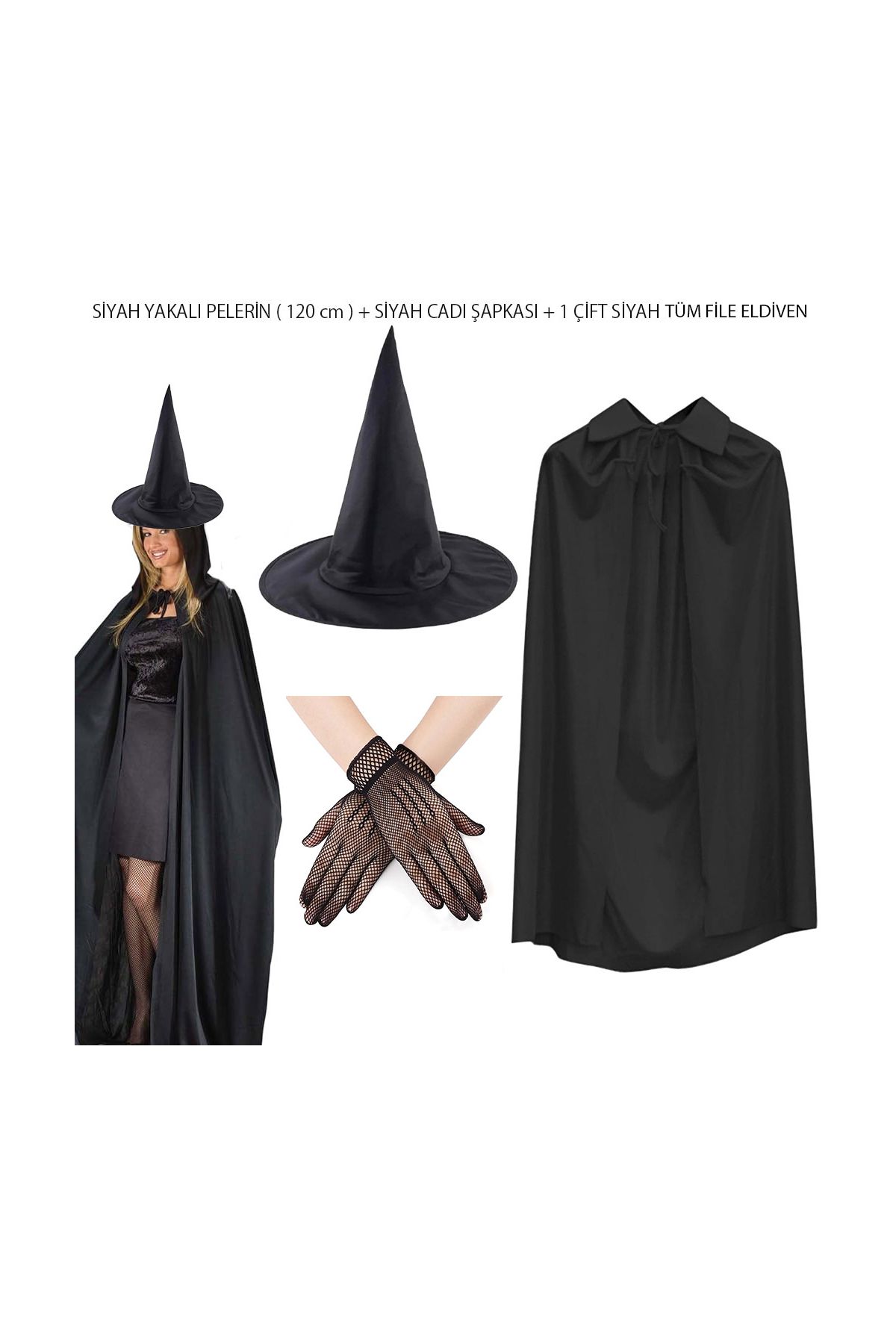 120 cm Siyah Yakalı Cadı Pelerini Cadı Şapkası ve 1 Çift Siyah Kısa File Tüm Eldiven Seti 3 Parça