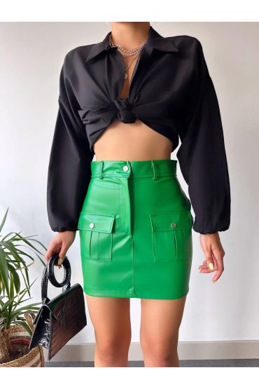 Önden iki cepli deri etek yeşil h240040