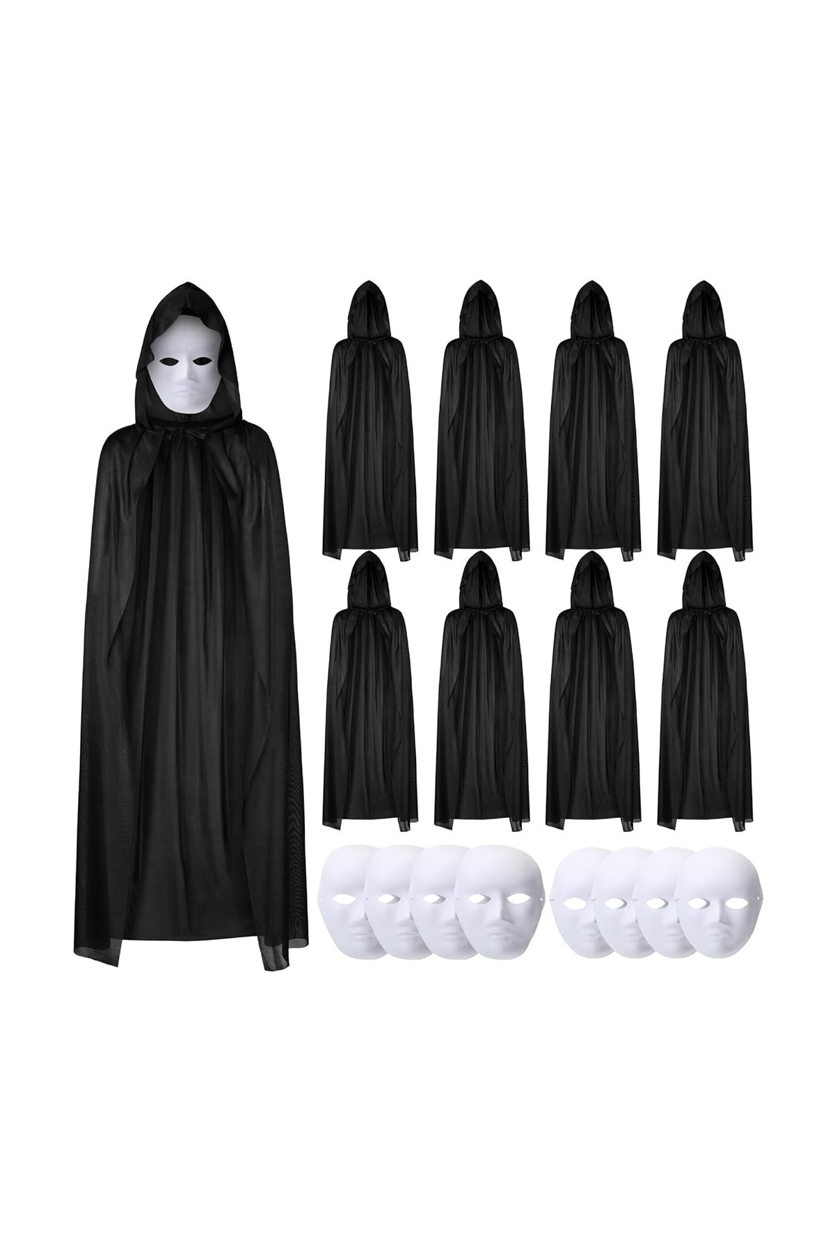 120 cm Siyah Kapüşonlu Pelerin ve Boyanabilir Karton Maske 8’li Set