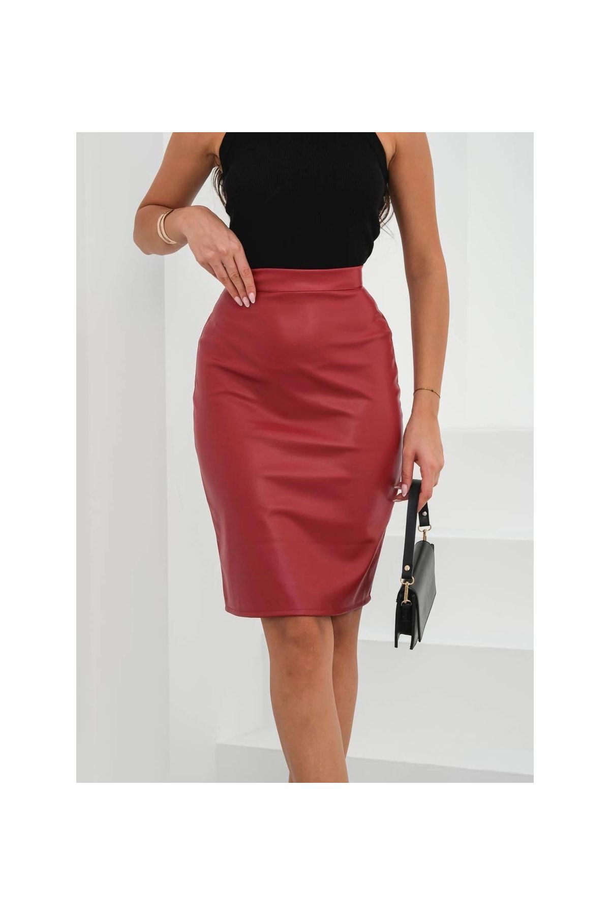 Midi boy deri kalem etek bordo h26780