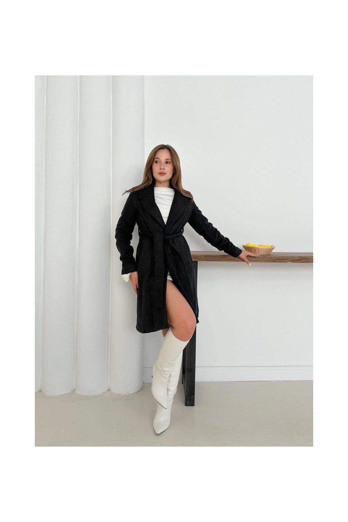 Cepli kuşaklı kaşe kaban antrasit