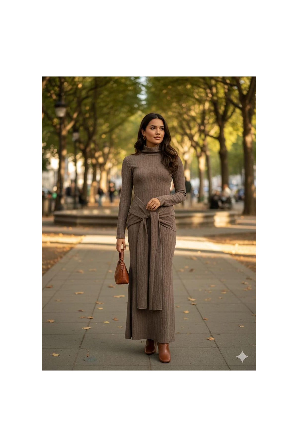 Kendinden kemerli uzun elbise vizon