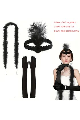 1920’ler Tarzı Siyah Tüylü Saç Bandı, Rugan Siyah Eldiven ve Siyah Otri̇ş Seti
