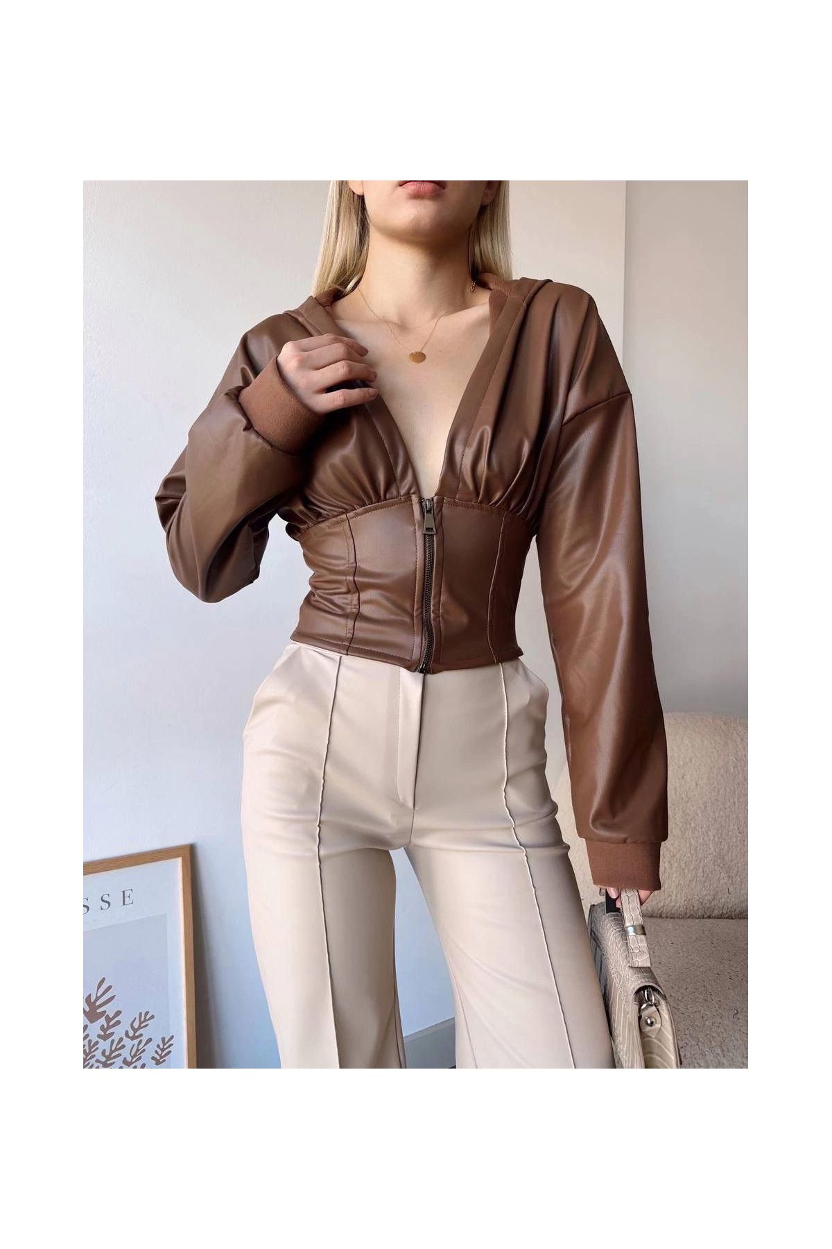 Kapşonlu yarım fermuarlı ceket kahve h24116