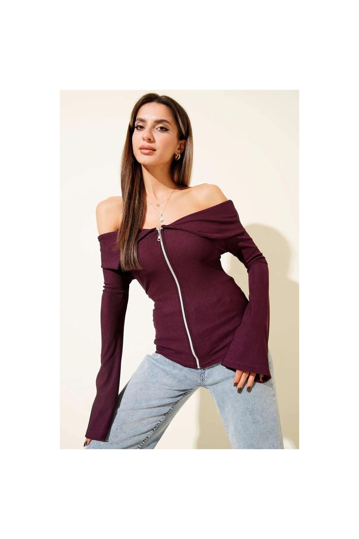 Omzu Açık Fermuarlı Bluz Mürdüm T4330