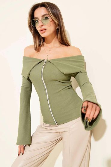 Omzu Açık Fermuarlı Bluz haki T4330