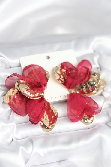 Pirinç Gold Renk Bordo Tüllü Lotus Kadın Küpe - TJ-BKP11372